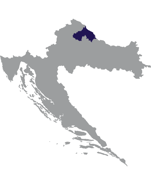 Landkaart Kroatië grijs met comitaat Koprivnica-Križevci donkerblauw op transparante achtergrond - 600 * 733 pixels